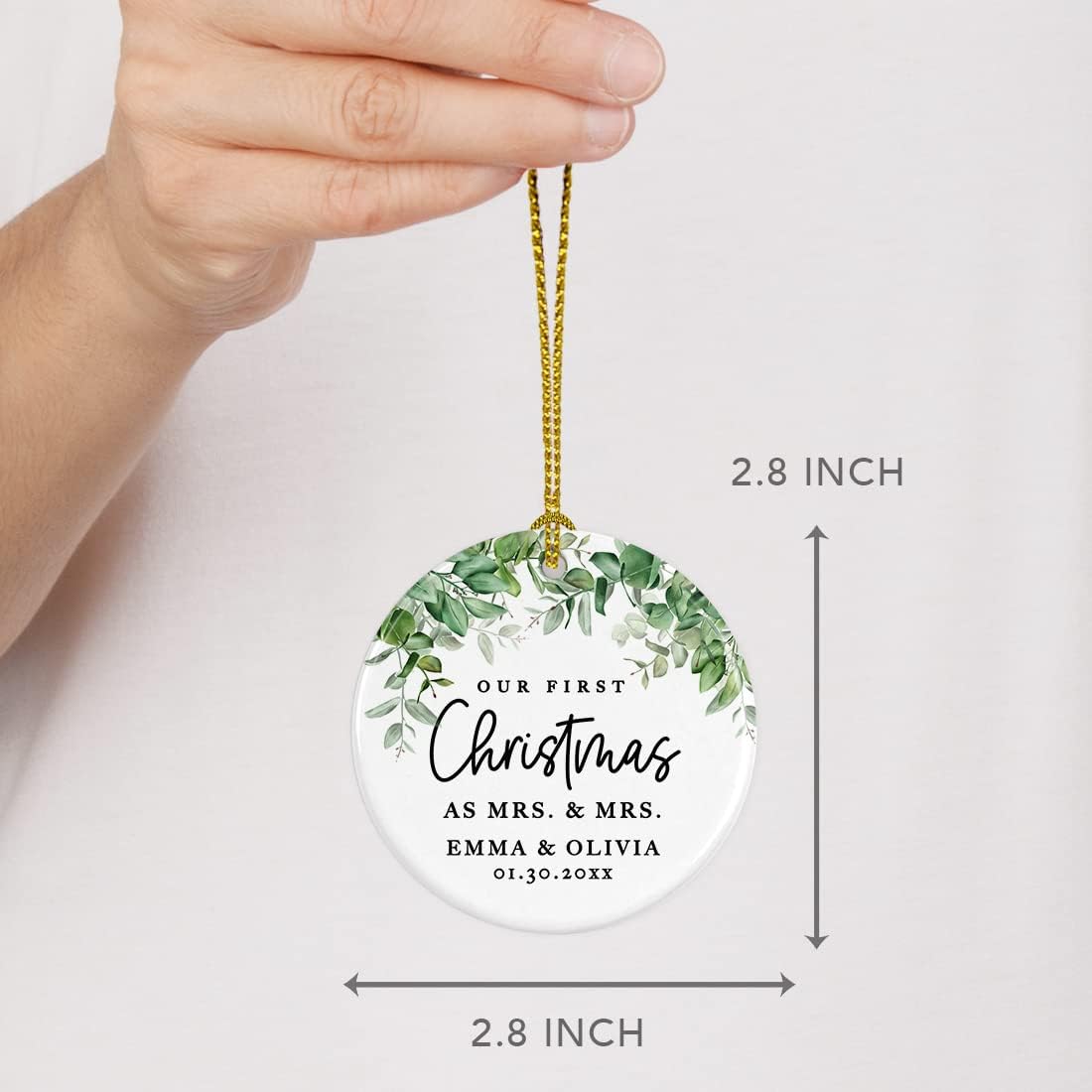 Andaz Press Personalized Our First Christmas As Mrs. & Mrs. 2025 Christmas Ornaments Greenery 2.8" Round Porcelain Ceramic Lesbian Married Couple Gay Women Newlyweds Hers Wedding Keepsake 1-Pack