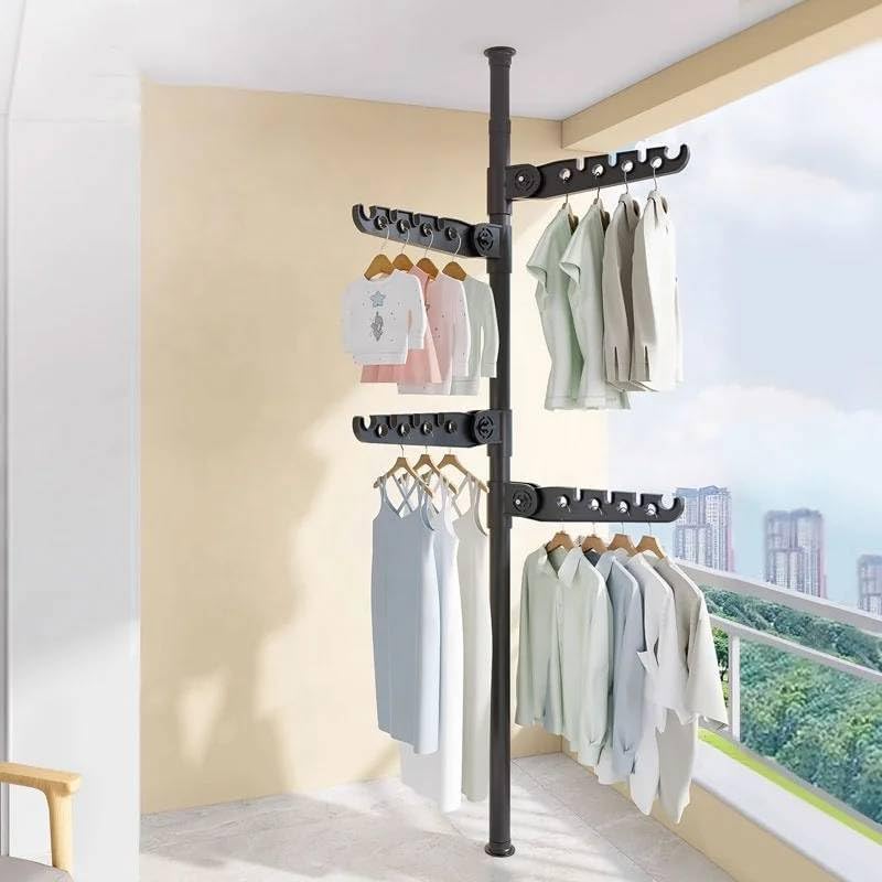 Telescopic Clothes Drying Rack, Floor to Ceiling, 4 Adjustable Arms, 360° Rotating, 43-122 inches, Black