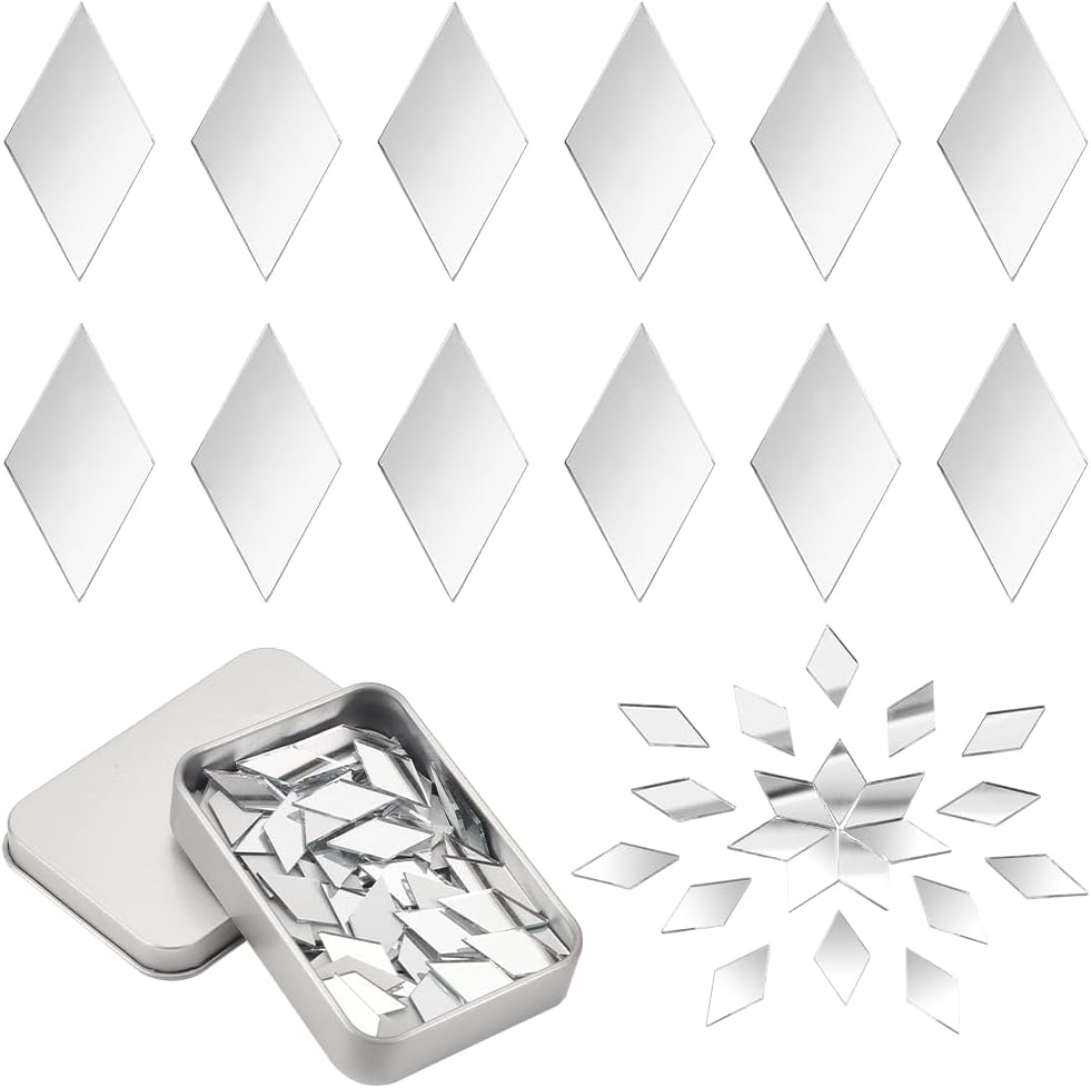 OLYCRAFT 150pcs Rhombus Craft Mirrors 1x0.5 Inch Small Mirror Tiles with Storage Box Non-Stick Mini Glass Mirror Tiles DIY Mirror Rhombus Mini Mirrors for Crafts Art Wall Door Home Decorations