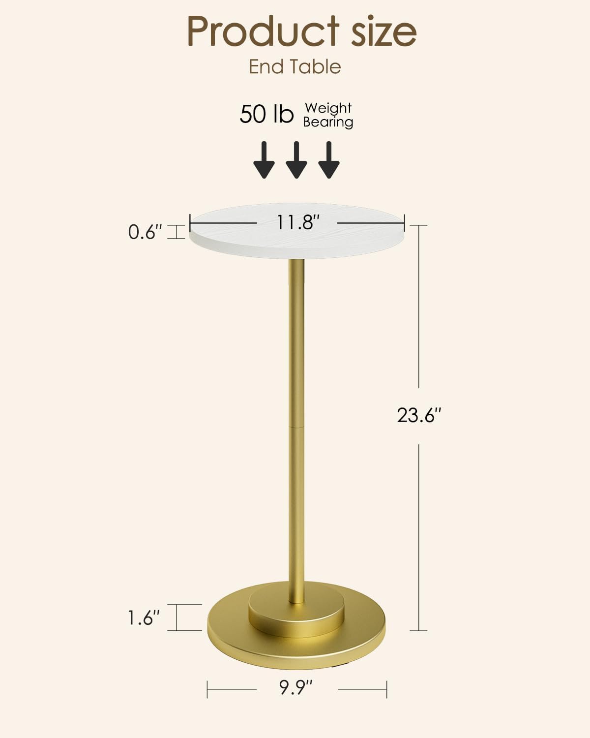 Masupu Drink Table, Round Side Table for Small Spaces, Pedestal Side Table, Small End Table with Metal Base, for Living Room, Bedroom, Bathroom, White Gold