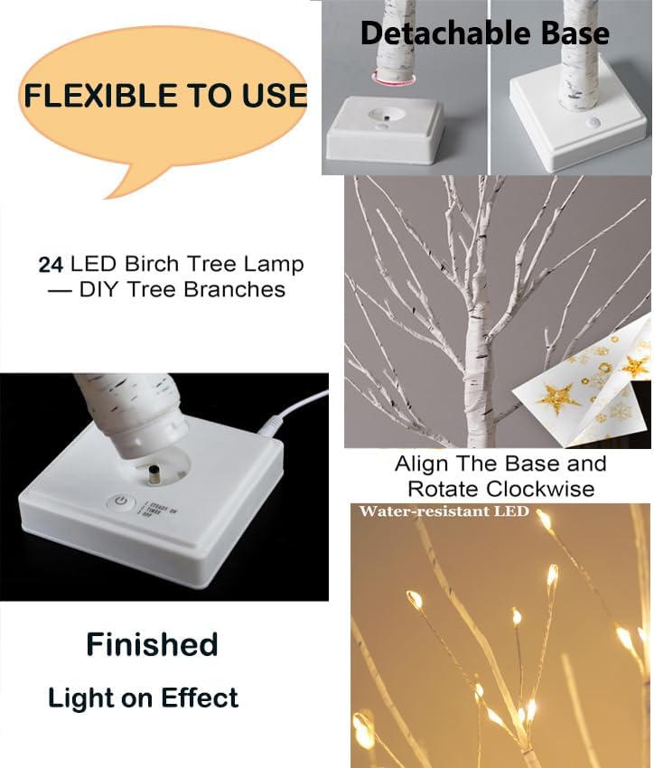 2FT Fairy Birch Tree with 24 LED Lights Artificial Tree Lamp with Timer for Easter Christmas Decoration Light Spirit Tree USB/Battery Powered Branch Trees for Party Wedding Home (24 LED Light)