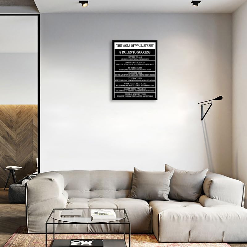 Motivational Posters The Wolf Of Wall Street 8 Rules To Success Printed Canvas Painting Inspirational Wall Decor for Office Hallway Gym Bedroom Living Room Framed Ready to Hang[30" W X 40" H]