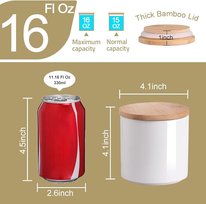 Sweejar Kitchen Ceramic Food Storage Containers, Stackable Canisters for Countertop with Airtight Boomboo Lids for Serving Ground Coffee, Tea, Sugar, Salt and More- 16 Fl Oz (White)