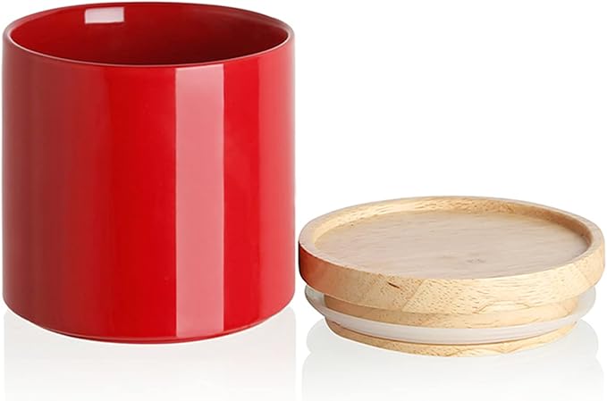 Sweejar Kitchen Canisters Ceramic Food Storage Jar, Stackable Containers with Airtight Seal Wooden Lid for Serving Coffee Bean, Flour, Tea, Spice and More - 39 Fl Oz (Red)