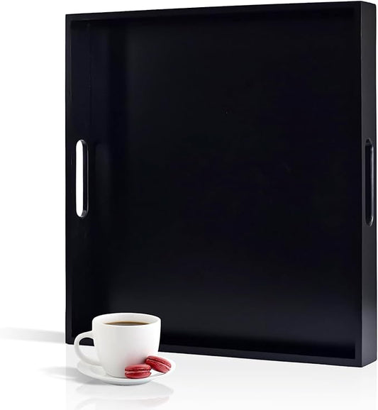 20 Inches Square Wooden Ottoman Tray Black, Large Wood Serving Tray with Handles for Living Room, Serving Food Breakfast, Ottoman Coffee Table Couch Sofa Kitchen