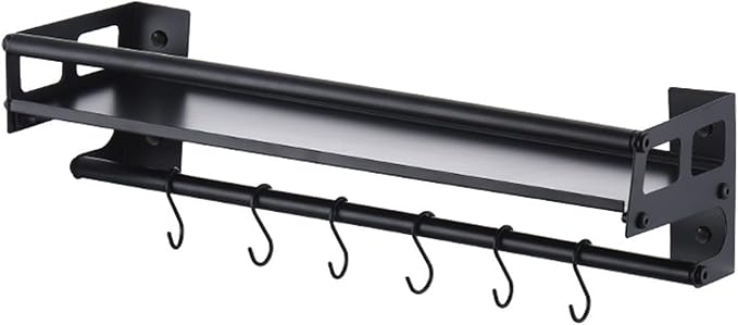 Wall Mount Storage Holder，Stainless Steel Strong Shelf with 6 Removable Hooks, Spice Rack Organizer，Kitchen Organizer Shelf, Space Saving Spice Rack and Kitchen Storage (black)