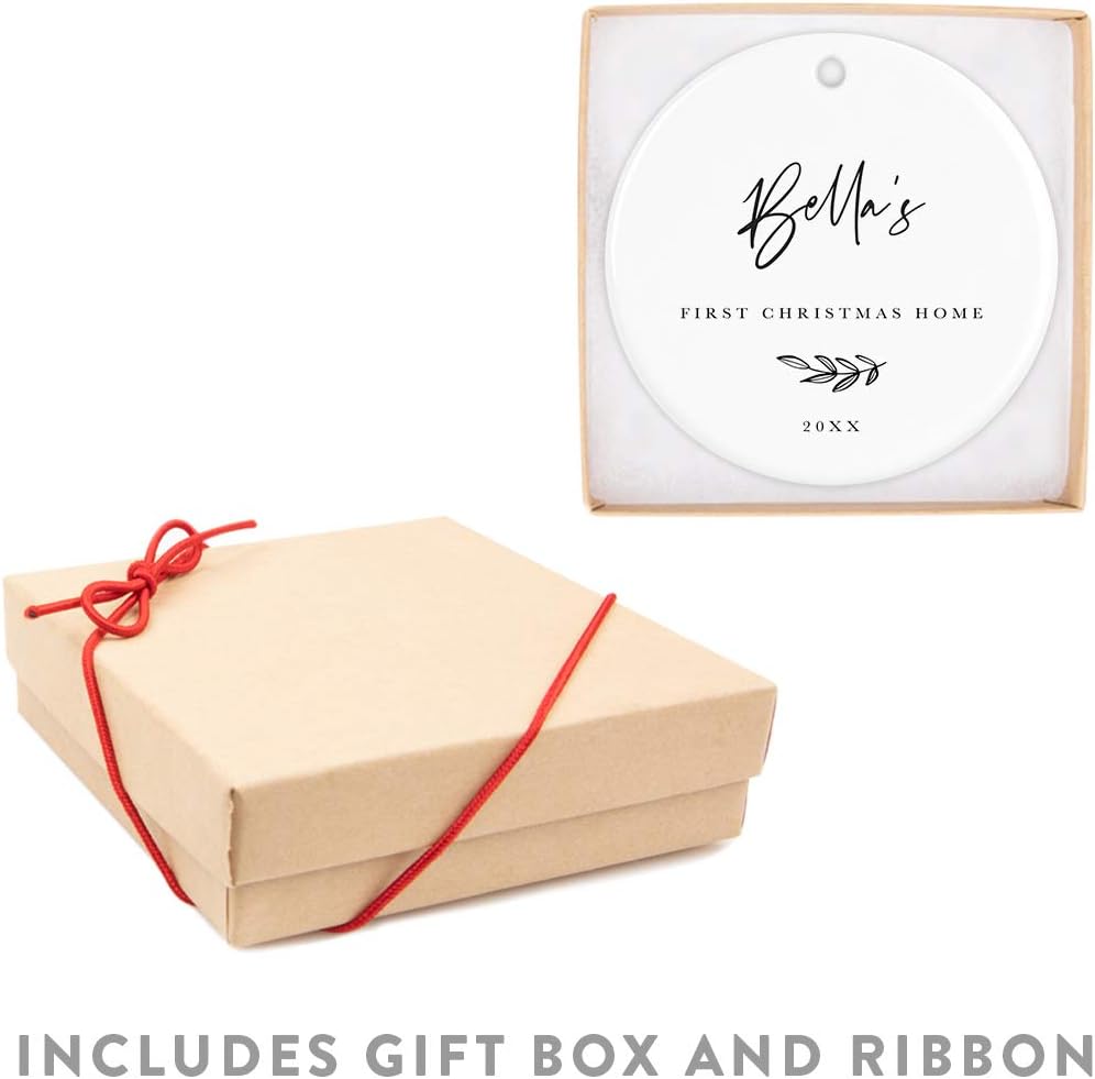 Andaz Press Personalized Dog Cat Pet Adoption Round Ceramic Porcelain Christmas Tree Ornament Engagement Collectible Gift for Baby, Bella's First Christmas Home 2024, Antique Handdrawn, 1-Pack