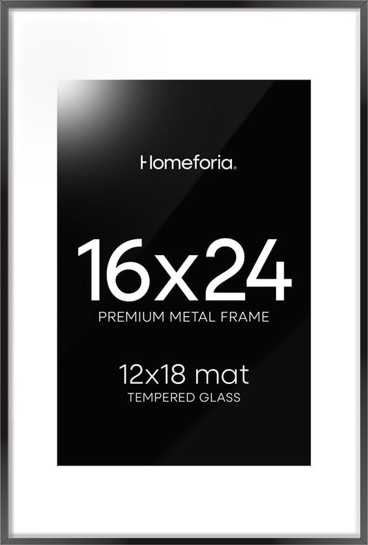 Homeforia 16 x 24 Picture Frame Black, High End Metal 24x16 Poster Frame, 16 x 24 Black Frames Matted to 12 by 18 inch Print, 24by16 Thin Frame with Mat 12x18 Photo, Tempered Glass, Wall Kit, Set of 1