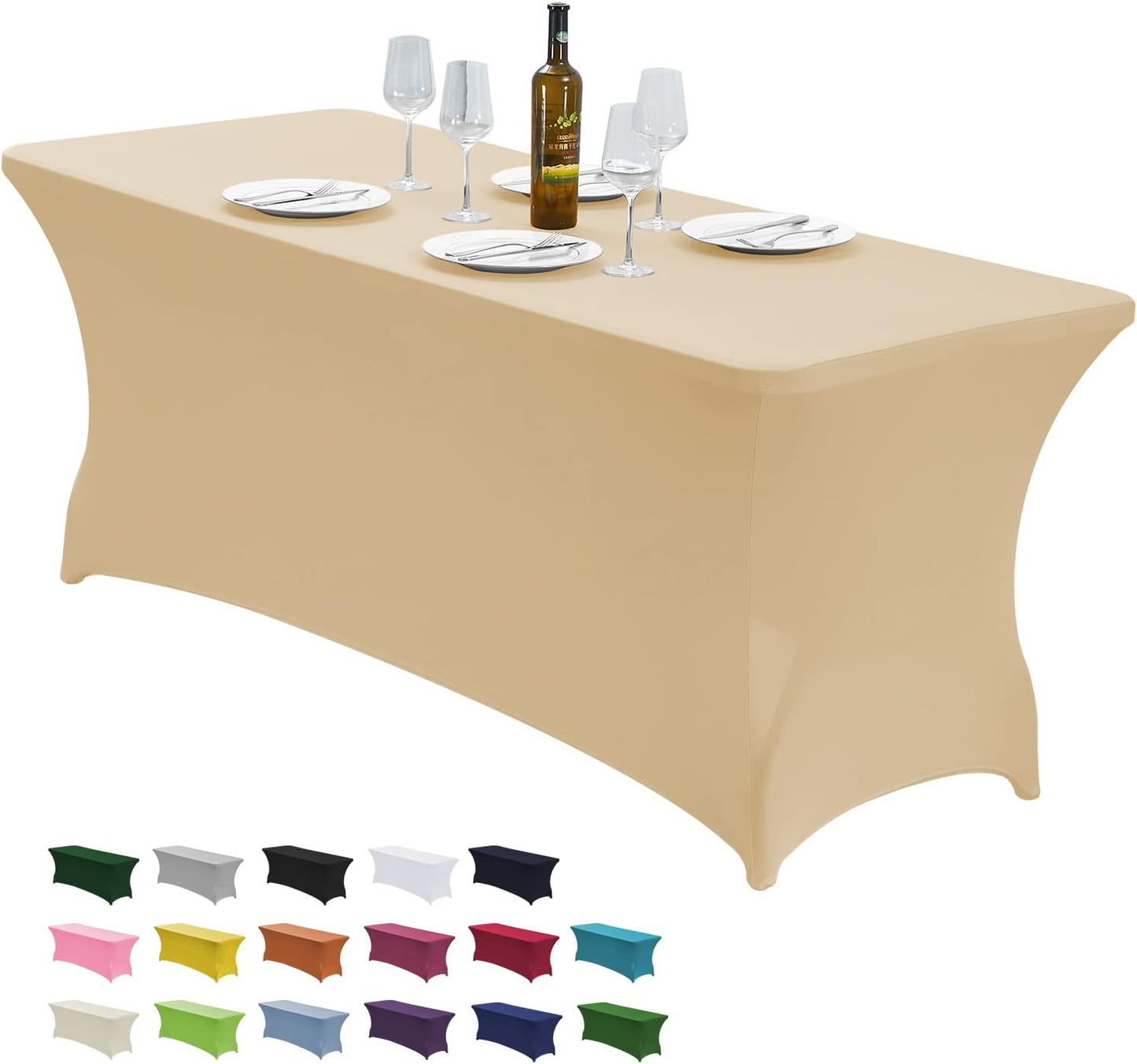 CWK 6FT Stretch Spandex Table Cover for Rectangular Tables - Elastic Fitted Tablecloth for Folding Tables,Wrinkle Resistant Table Cloth for Parties, Weddings, Banquets & Events (Champagne)