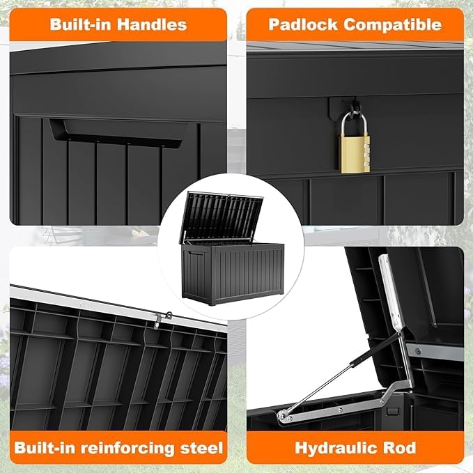 230 Gallon Resin Deck Box, Lockable Patio Outdoor Storage Box for Furniture, Garden Tools and Tools Storage, Waterproof Outside Storage Boxes - Black