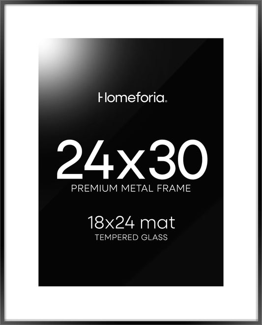 Homeforia 24x30 Poster Frame Black, High End Metal 24 x 30 Picture Frames with Mat 18 by 24 inches Photo, 24x30 Black Frame Matted to 18x24 Print, 30x24 Large Frame, Tempered Glass, Wall Kit, Set of 1