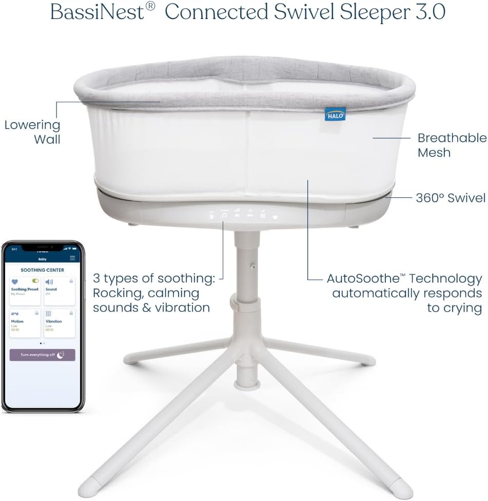 HALO BassiNest Connected Swivel Sleeper 3.0 – Smart Bassinet with AutoSoothe™, 360° Swivel, Cry Detection, Rocking, Vibration & Soothing Sounds, Easy Lowering Wall for Postpartum Recovery