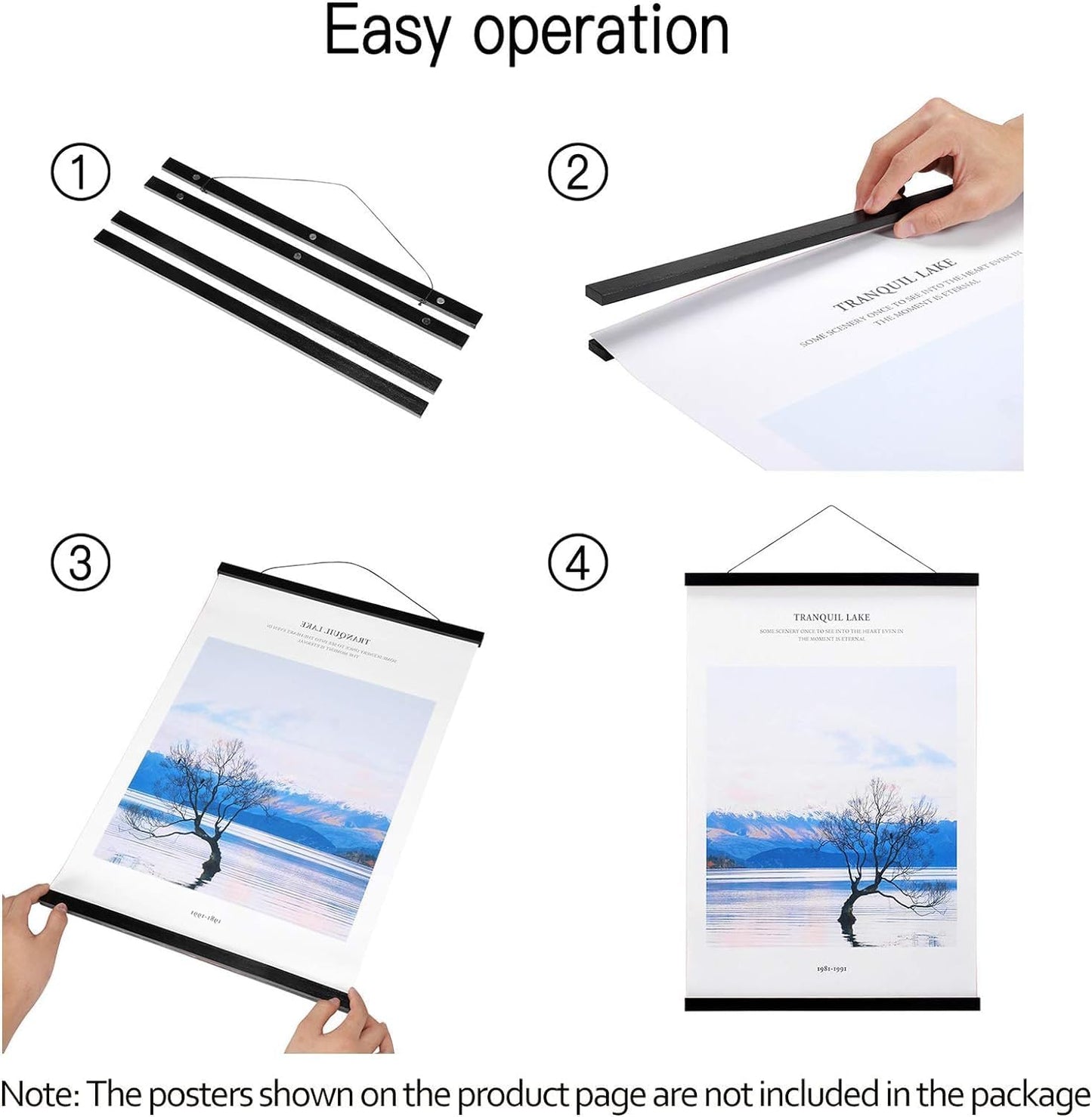 FALAMON Magnetic Poster Hanger Frame, 48x36 48x24 48x32 Teak Wood Magnet Poster Frame for Posters, Prints, Photos, Pictures, Maps, Scrolls, and Canvas Artwork(Black, 48")