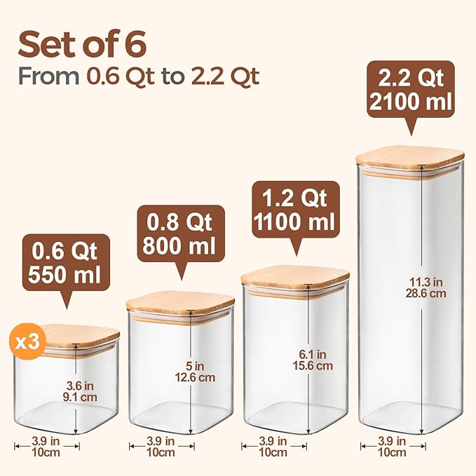 ComSaf Food Storage Containers with Airtight Lids Set of 6, Clear Glass Canister Food Jar with Sealing Lid Kitchen Pantry Storage Container for Spaghetti Pasta Sugar Flour Oat Cereal Beans, Square