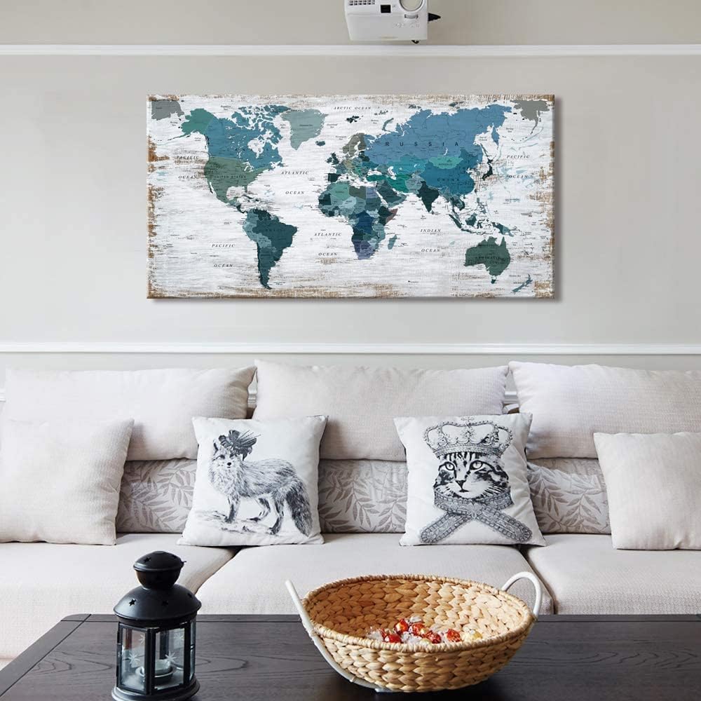 Teal Decor World Map Canvas Wall Art Pictures for Living Room Decoration Blue Wall Decor Office World Map Art Map of the world Picture Framed Artwork for Home Bedroom Decoration 20"x40"
