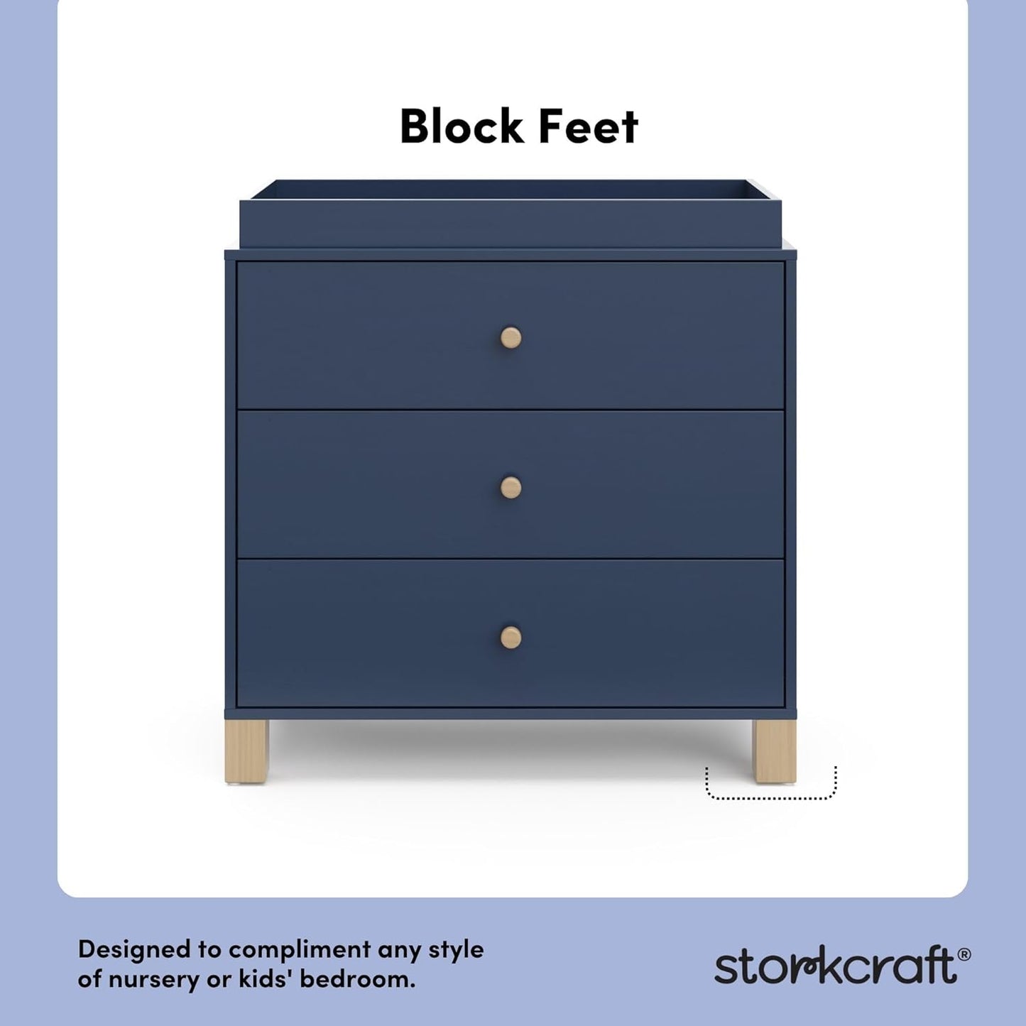 Storkcraft California 3-Drawer Chest with Removable Changing Topper (Midnight Blue with Driftwood) – GREENGUARD Gold Certified, Interlocking Drawer System, Pre-Installed Tracks, Easy Assembly