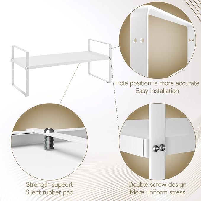16.5~27.1" Expandable Shelf Organizer, 1Pack 8.1" Wide Stackable Cabinet Shelf Organizers, White Metal Sturdy Kitchen Counter Storage for Countertop, Adjustable Height Spice Rack