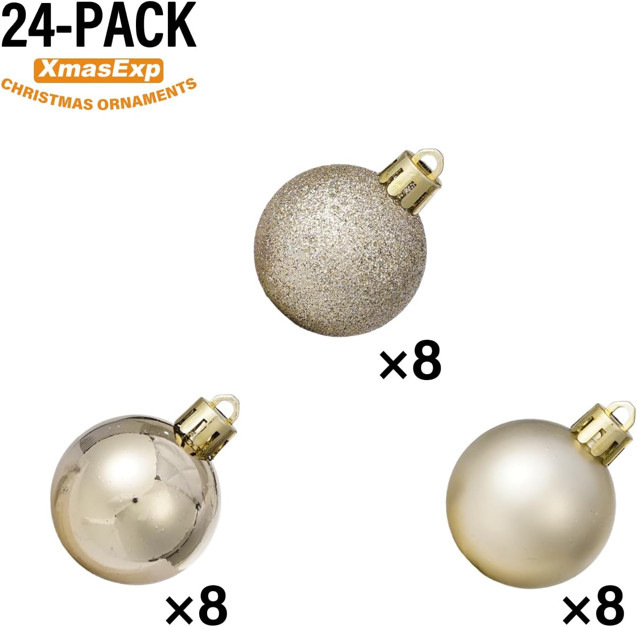 XmasExp 24ct Mini Christmas Ball Ornaments Shatterproof Christmas Ornaments Set Decorations for Xmas Tree Balls 30mm/1.18" (Champagne Gold)