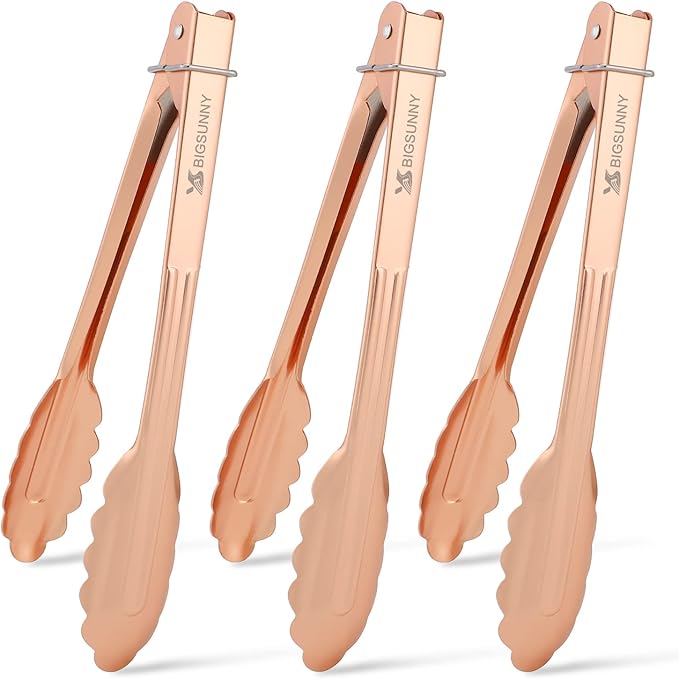 MSY BIGSUNNY 9 Inch Kitchen Food Tongs for Cooking and Serving Tongs- Aluminum - Set of 3 (pink gold)