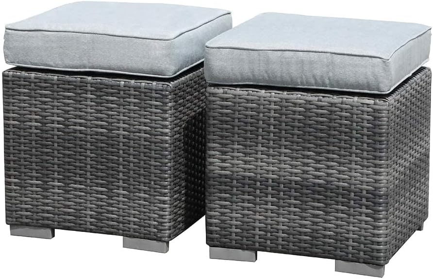 Patiorama 2 Pieces Assembled Outdoor Patio Ottoman, Indoor Outdoor All-Weather Grey Wicker Rattan Outdoor Footstool Footrest Seat with Light Grey Cushions, No Assembly Required