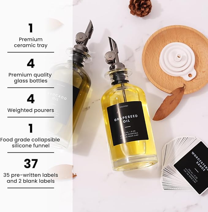 Molimoli Oil and Vinegar Dispenser with Metal Pour Spout, Weighted Pourer, Glass Bottle Dispenser for Kitchen w. Ceramic Tray|Black, 350ml, Set of 2