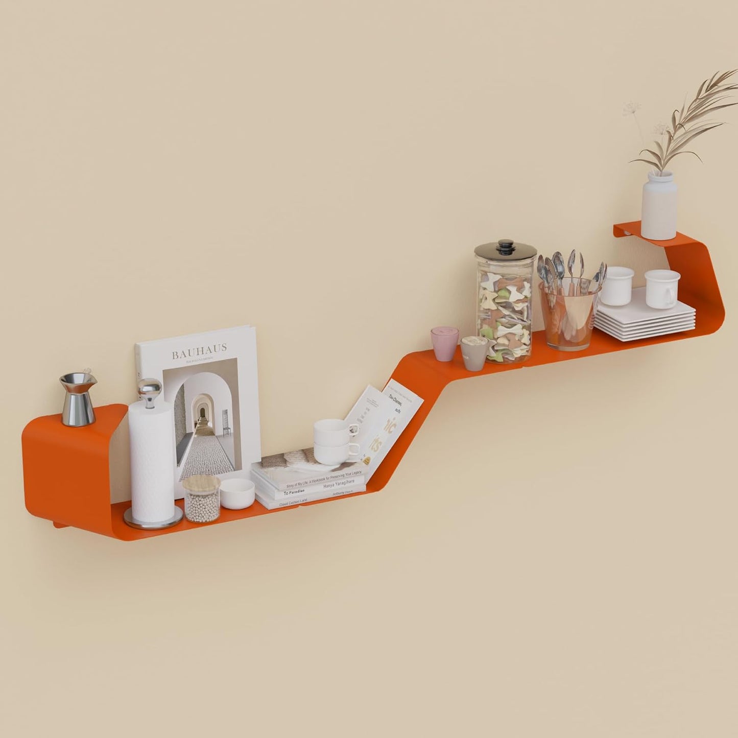 Floating Shelves, Wall Shelf, Set of 3 Wall Mounted Metal Shelves with Unique Design for Wall Storage, Book Shelf, Display Shelves for Bathroom Bedroom Kitchen Living Room for Home Orange