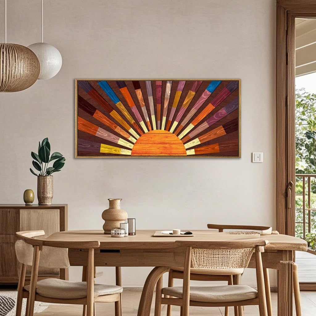IARTTOP Extra Large Boho Sun Wood Wall Art for Living Room Wooden 3D Framed Abstract Sun Rising on the Horizon Geometric Wall Decor Mid century Sunshine Artwork Home Bedroom Office20 * 40 Inch