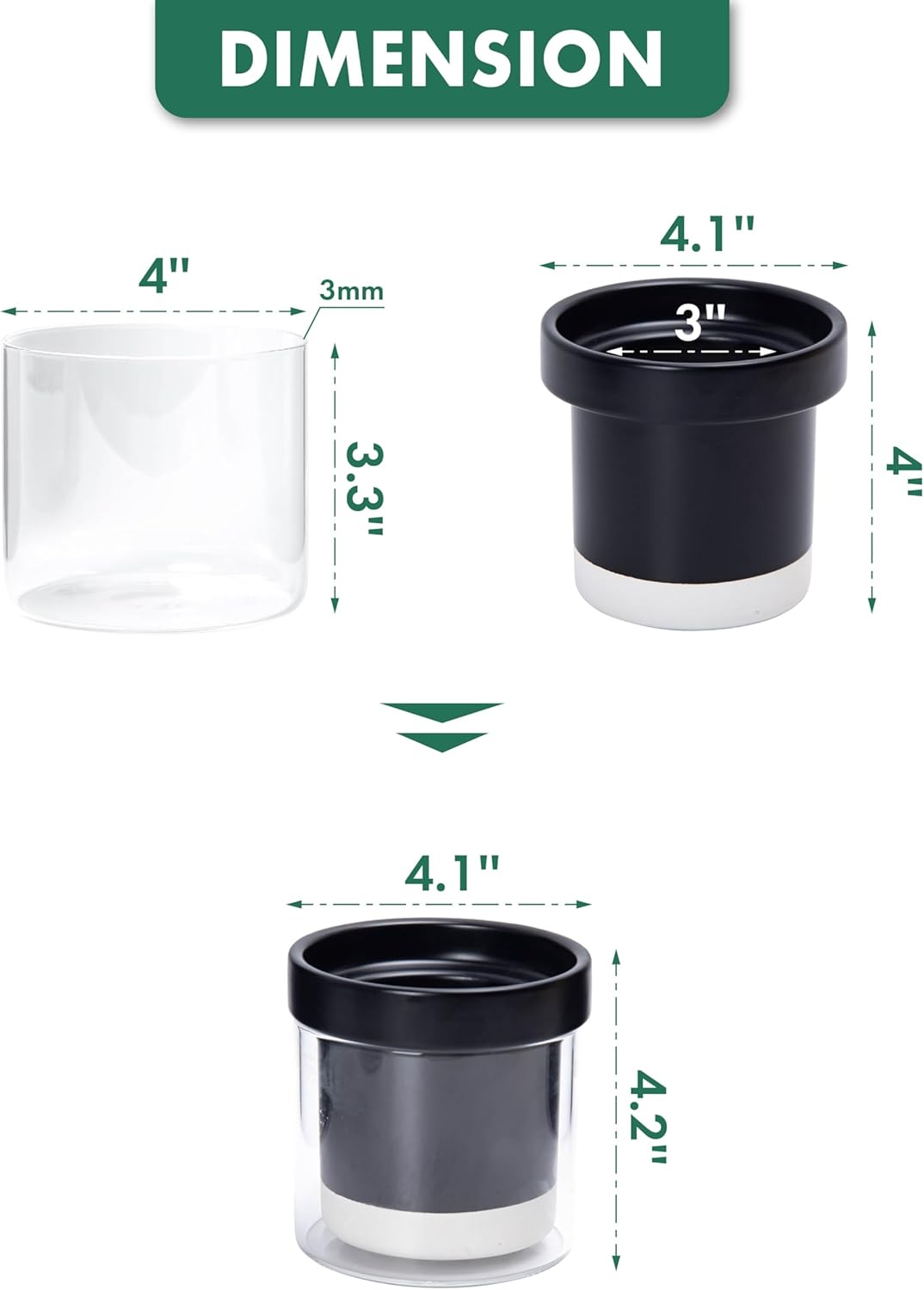 Phoenix Vine 4 Inch Self Watering Terracotta Planter, Black Terracotta Clay Pot with Glass Reservoir for Indoor Plants, Herbs, Flowers, Set of 1, 52-C-E-1