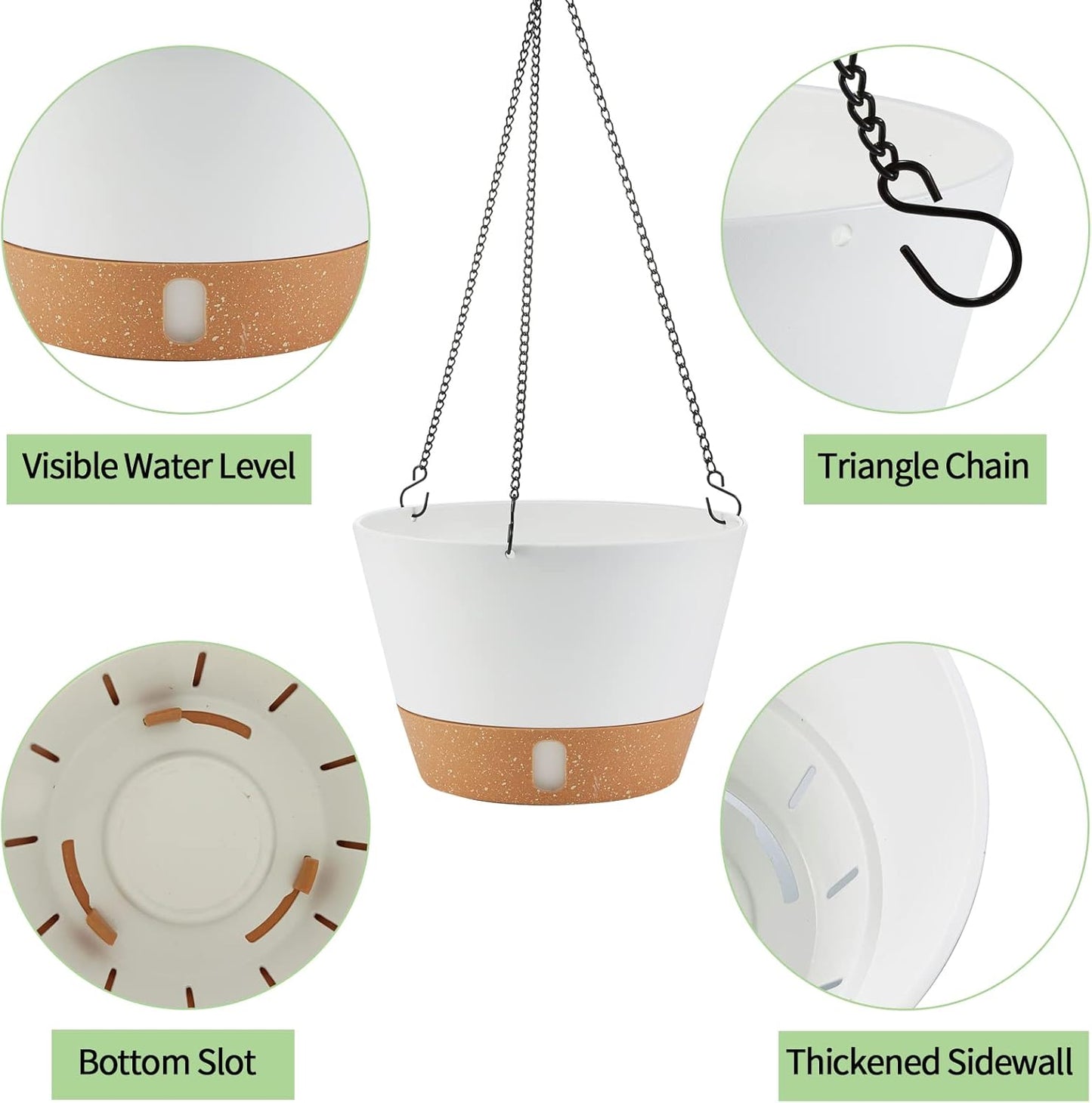 2 Pack 10 Inch Hanging Planters for Indoor Outdoor Plants, Hanging Plant Flower Pot Basket with Drainage Hole with Removable Tray&Hooks Self Watering Plant Pot for Hanging Plants, White