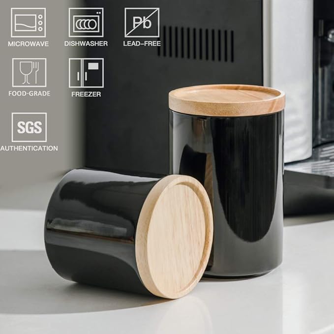 Sweejar Kitchen Canisters Ceramic Food Storage Jar, Stackable Containers with Airtight Seal Wooden Lid for Serving Ground Coffee, Tea, Sugar, Salt and More - 16 Fl Oz (Black)