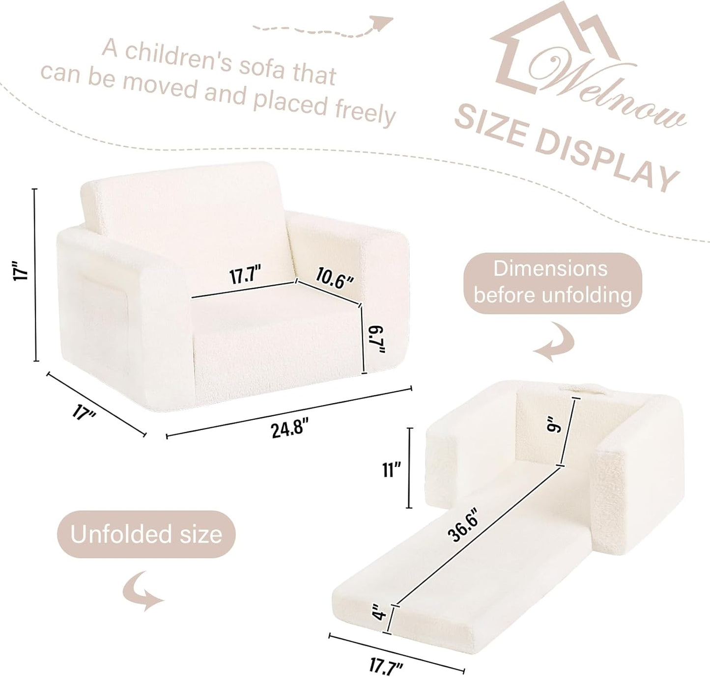 Welnow 2-in-1 Kids Sofa Chair, Convertible Toddler Chair Flip Out Children Sofa Chair Folding Kids Play Sofa with Side Pockets & Removable Cover Armrest Chair for Girl or Boy