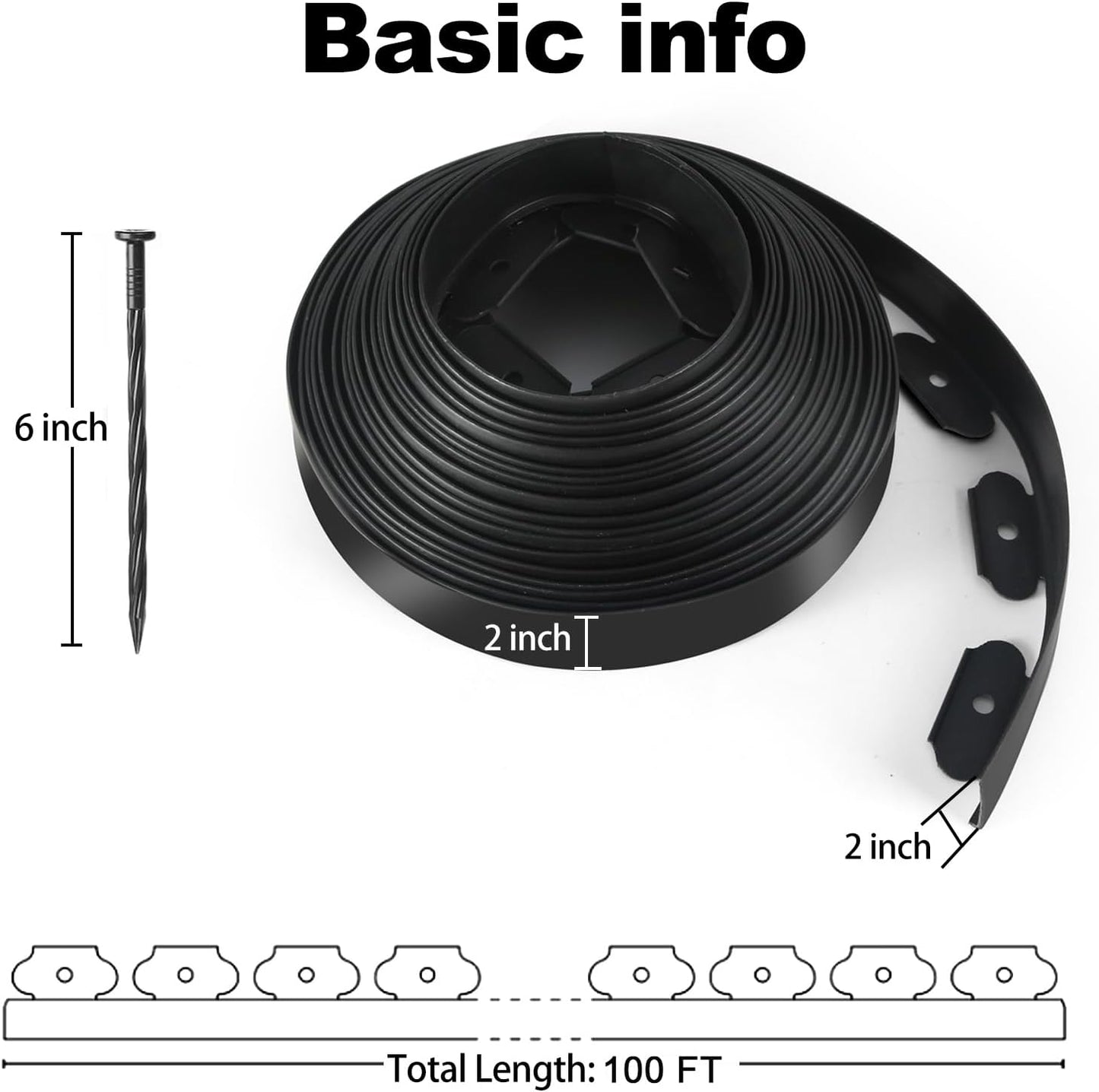 LINSHRY 100 FT Landscape Edging, 2 in.Tall No Dig Garden Edging Border with 120 Spikes, Flexible Plastic Lawn Edging for Landscaping Flower Bed, Grass, Yard