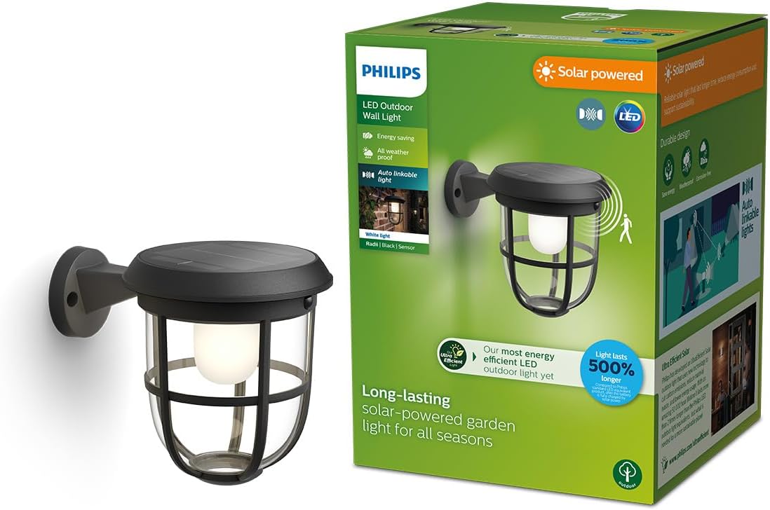 Philips Solar LED 1-Pack Ultra-Efficient Wall Lantern - Radii, Dusk to Dawn, Automatically Linkable, Daylight and Motion Sensor, 3000K Bright White Light, IP44, Black