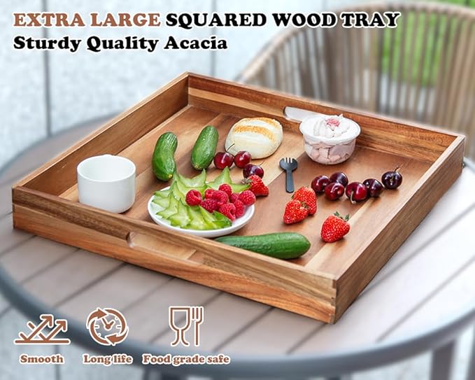 Large Ottoman Tray for Living Room, 20" Extra Large Tray for Ottoman Square Acacia Serving Trays with Handles for Coffee Table, Breakfast, Appetizers, Dinner