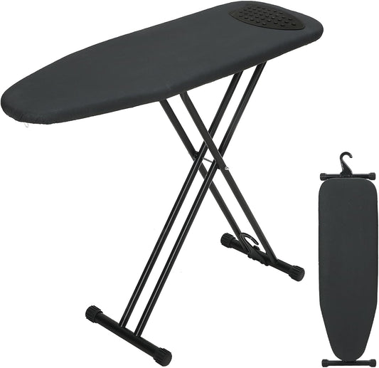 Ironing Board 43x13 with Iron Rest, RAINHOL Compact Iron Board Full Size with Thick Cover and Pad, Easy Storage Hanger with Heat-Resistant Silicone Pad, Space Saving and Height Adjustable, Black