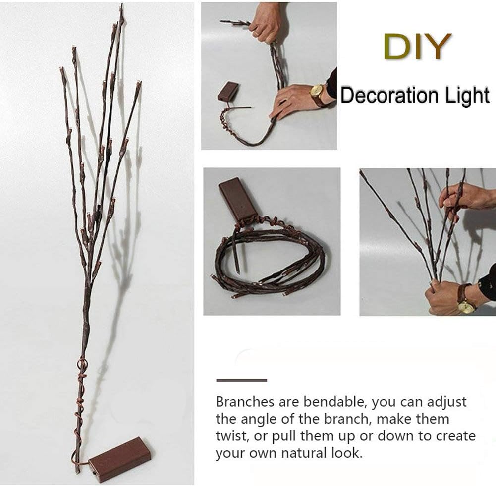 DK177 2 Pack Led Branch Light Battery Operated Lighted Branch Vase Filler Willow Tree Artificial Little Twig Power Brown 30 Inch 20 LED for Home Romantic Decoration, Warm White
