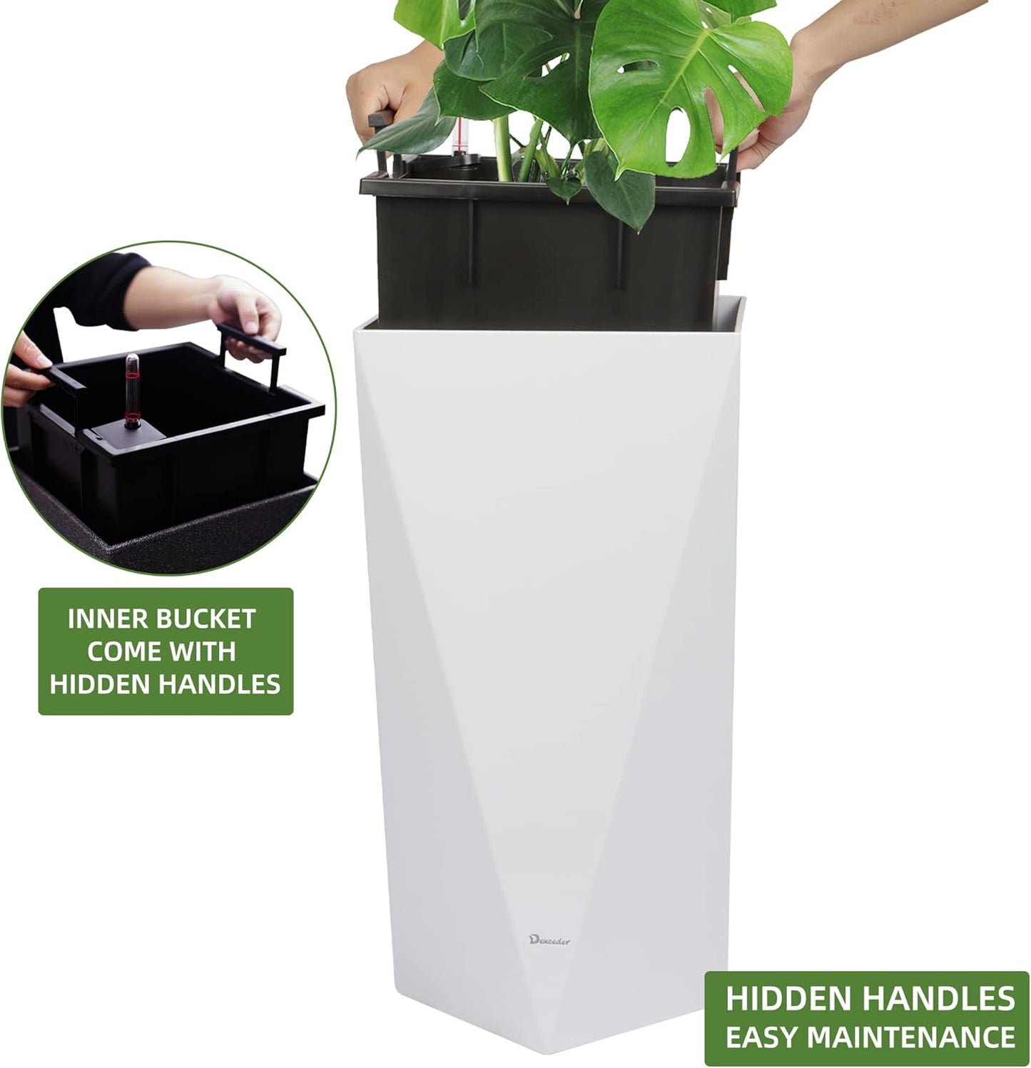 Dexceder 20 Inches Tall Self Watering Planter Diamond High Gloss Indoor Outdoor, Thickened Rhombus Large Floor Standing Flower Plant Pot with Water Level Indicator (White)