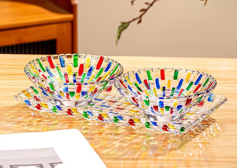 Colorful Woven Glass Decorative Crystal Bowls Sets, Hand Painted Glass Bowls and Tray Sets for Home Decor, Centerpiece for Snack, Dessert