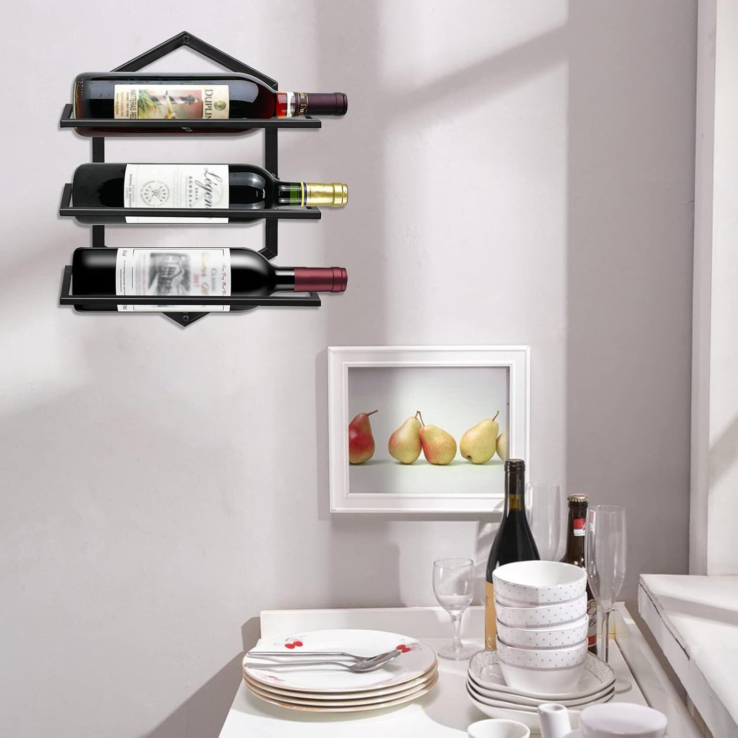 Wall Mounted Wine Stemware Rack, Metal Hanging Wine Glass Display Holde Holds 3 Bottles, Elegant Storage for Kitchen Dining Room Bar Wine Cellar