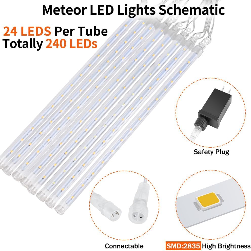 Christmas Meteor Shower Rain Lights - 12inch, 20 Tube 480 LED Icicle Lights for Outdoor Xmas, Halloween, Wedding & Party Decor, Colorful