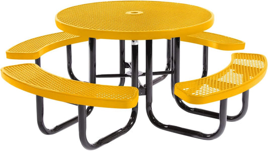 Coated Outdoor Furniture Heavy-Duty Portable Outdoor Picnic Table with Umbrella Hole, Expanded Metal Commercial-Grade Patio Dining Furniture Made in America (46" Round Top, Yellow)