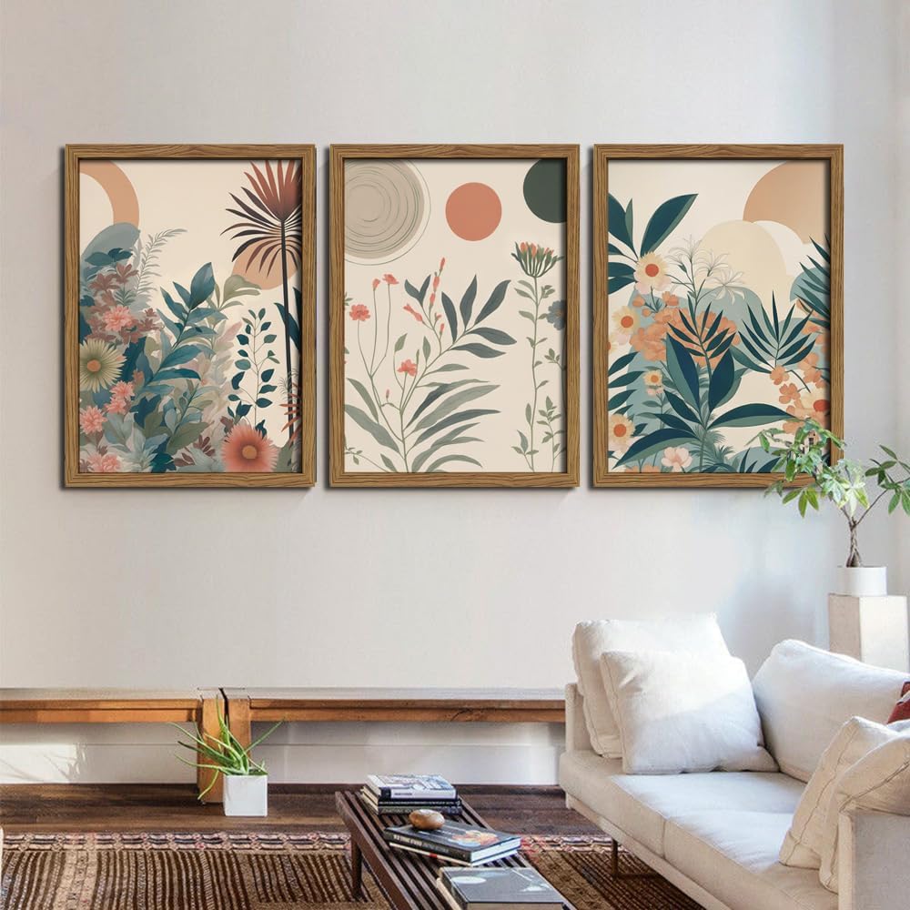 Marllifenney Wood Framed Orange Plants Canvas Wall Art Set of 3 Boho Botanical Wall Decor Abstract Floral Poster Modern Nature Prints Painting Picture for Living Room Bedroom Kitchen Office 16x24in