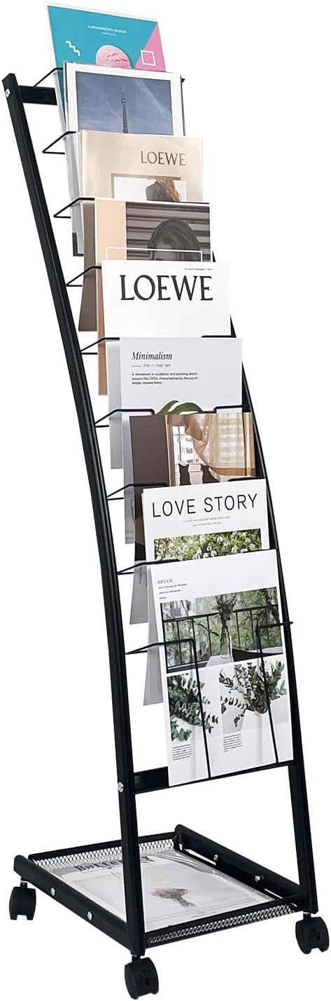 tongmo Magazine Rack: Floor-Standing with Wheels, 9-Tier Brochure Display Stand for Exhibitions, Office, and Any Organization Requiring Information Display