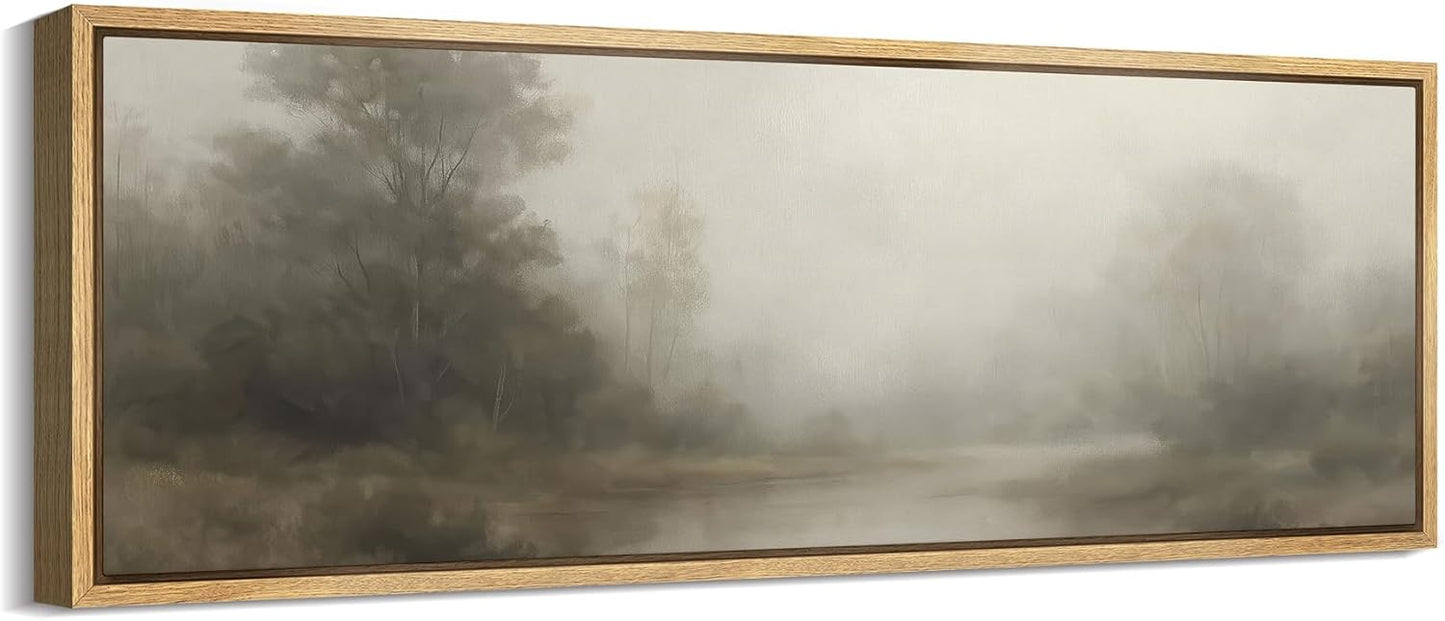 MUDECOR Large Framed Canvas Print Wall Art Misty Forest River Landscape Neutral Tones Nature Illustrations Decorative Colorful for Bedroom - 60"x20"