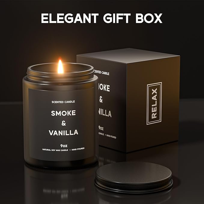 Smoke ＆ Vanilla Candle, 9oz Scented Candle for Men, Scented Candles for Home, Gifts for Men, Personalized Blessing Minimalist Men's Gifts