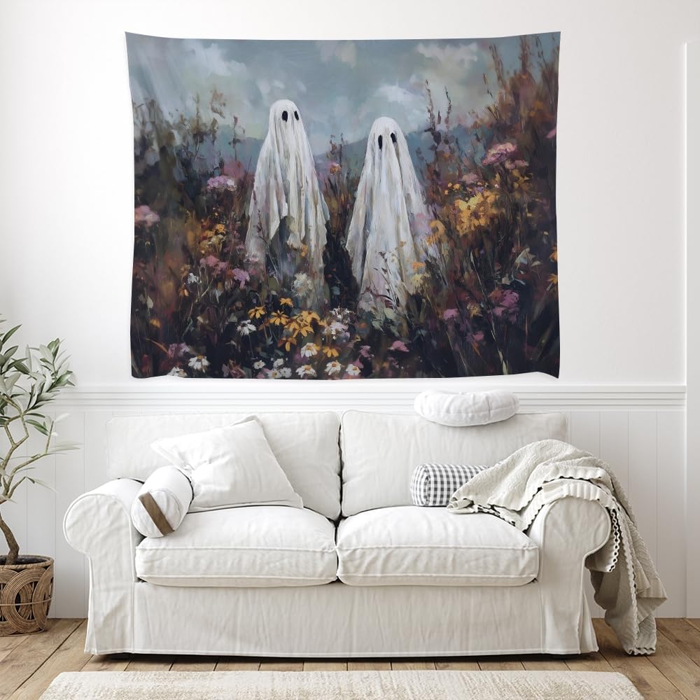 Halloween Ghosts in Wildflowers Tapestry Wall Hanging Spooky Cute Ghost Floral Tapestries Victoria Moody Artwork Aesthetic Print for Goth Living Room Bedroom wall Decor 70x90inch