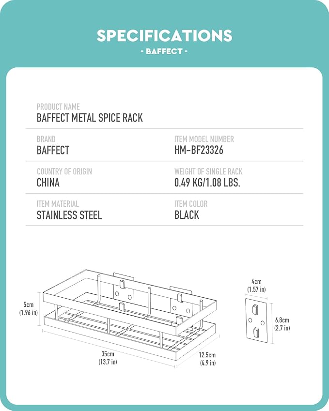 Metal Spice Rack Wall Mount Floating Shelves 2 Pack Black Storage organizer for Cabinet Door Pantry Kitchen Bathroom Supplies (13.7inches length)