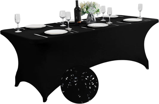 SuperO Waterproof Spandex Table Cover for 8FT Table Universal Fitted Stretch Tablecloth for Party, Banquet, Wedding and Events-Black