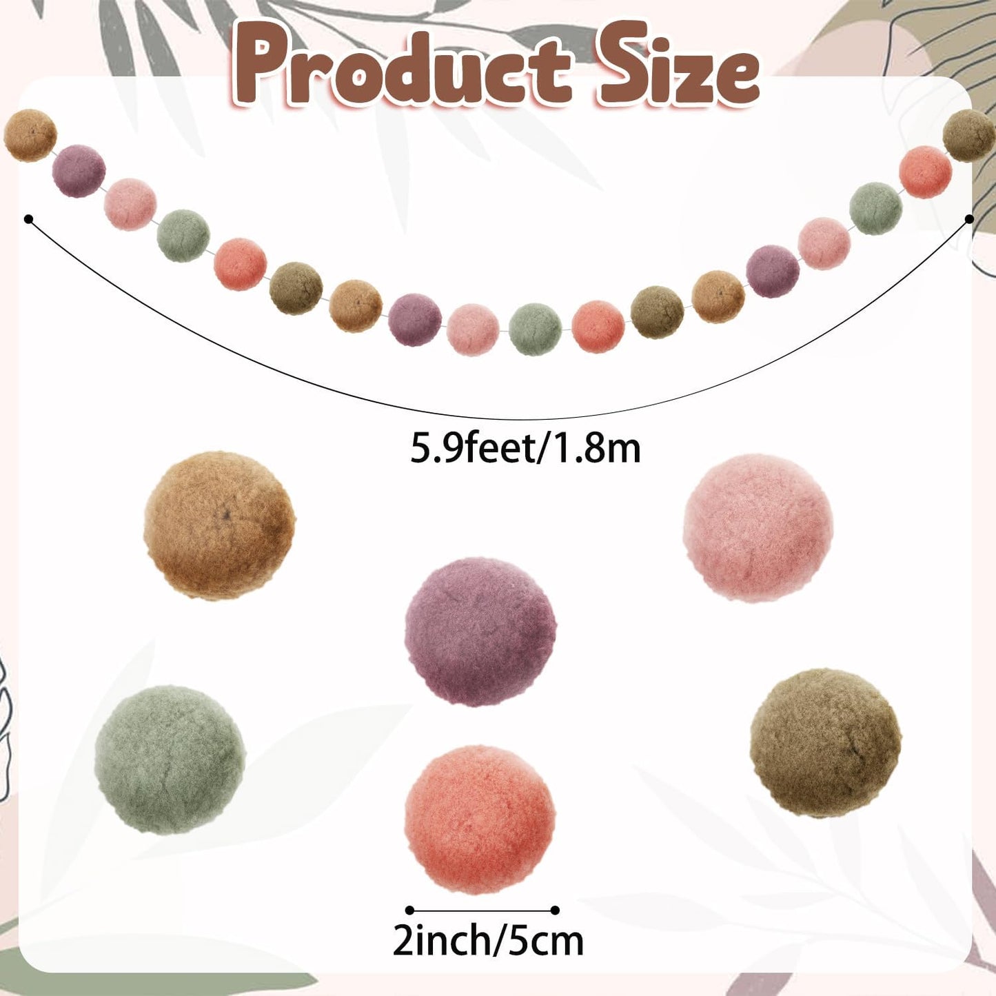 Boao 2 Pcs 2 Inch Large Pastel Colorful Pom Pom Garland 12 ft Long Felt Ball Bohemian Banner 36 Balls for Classroom, Christmas, Mantle Decor, Easter Tree Ornaments, Baby Shower Party Hanging Decor