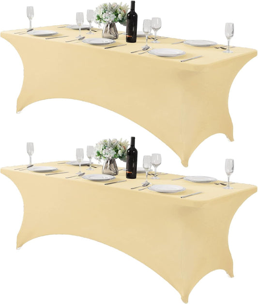 2Pack Spandex Table Cover for 8FT or 4ft or 6ft Table Universal Fitted Stretch Tablecloth for Party, Banquet, Wedding and Events-Champagne